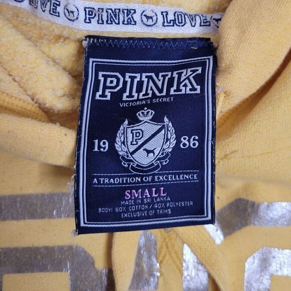 Y2K VS PINK go green hoodie‎ bright yellow distressed spellout sweatshirt S - Picture 6 of 8
